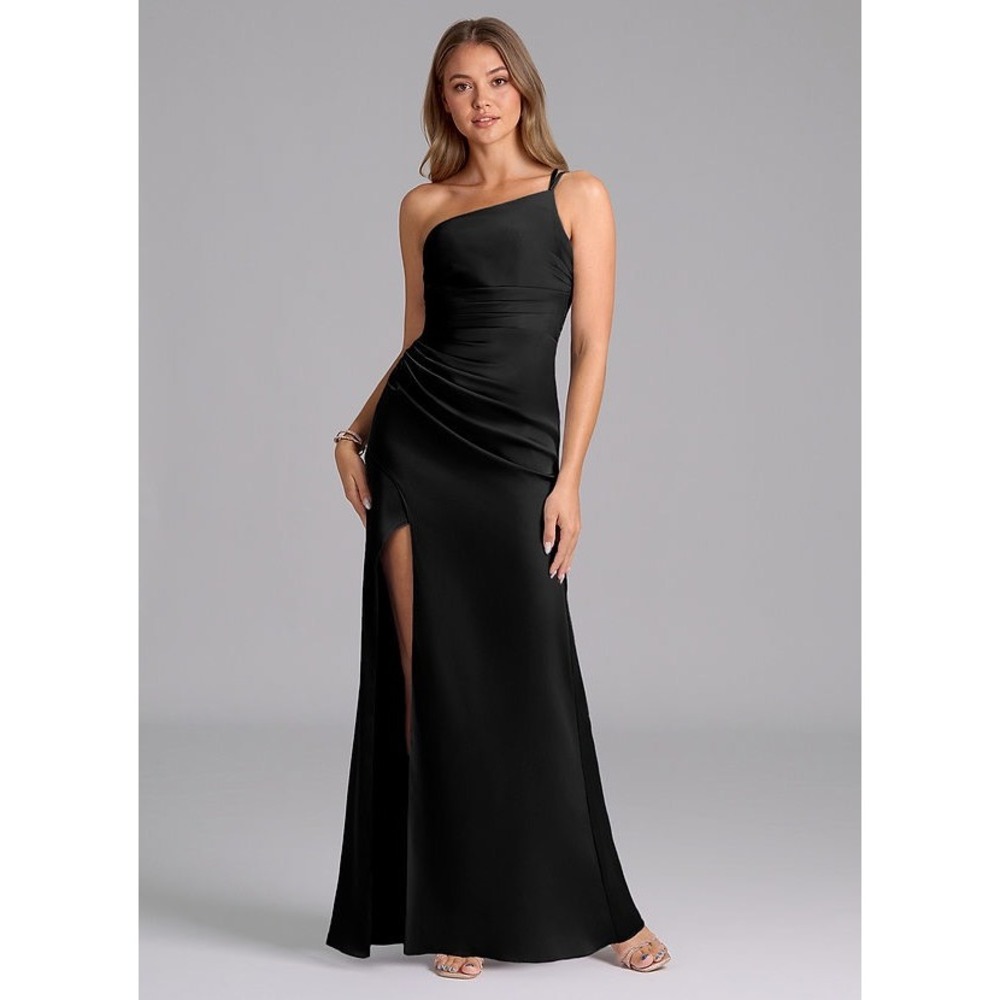Azazie Eren Black Stretch Satin One Shoulder Ruched Bridesmaid Gown Dress Size 2